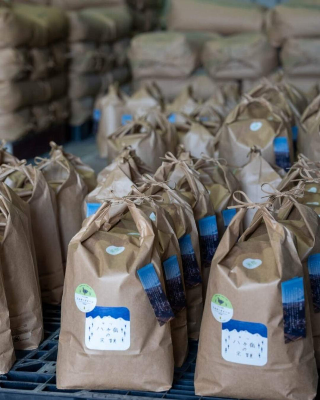 日本米品種「農林48號」收穫後包裝成米袋整齊排列，象徵今井農園八岳米的產地品牌與農業故事。